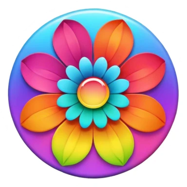 A round psychedelic colored button with a large rainbow colored flower in the center sticker