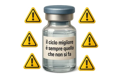 SU QUESTO STILE FAI UN EMOJI STILE IPHONE 3D DI UNa boccetta di fiala medica attorno alla quale fluttuano segnali di pericolo, sull'etichetta della boccetta c'è scritto "il ciclo migliore è sempre quello che non si fa", FALLO MOLTO REALISTICO IN 3D sticker