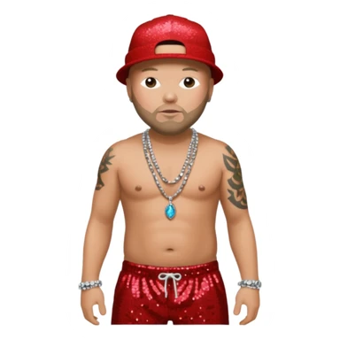 Fred Durst with red sequin baggy pants, shirtless with necklace sticker