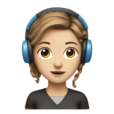 white girl at desk, brown hair, blue eyes, computer, headphones sticker