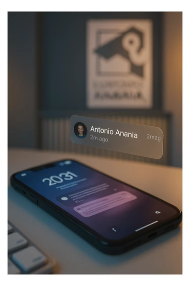 A photo of an iPhone with the message "Antonio Anania" on its scree, both surrounded by soft light and shadow. The phone sits atop a desk with a blurred background that suggests work environment. A faint glow from above casts gentle shadows across the surface of each object, creating depth and highlighting their textures. sticker