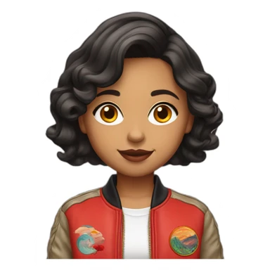 Half indian girl, wavy bob haircut, red bomber embroided jacket sticker