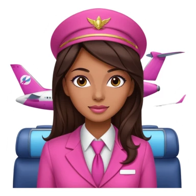 Flight attendant with pink outfit tan skin long dark brown hair with highlights pretty makeup sticker