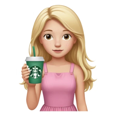 teenager girl blond w/ freckles long hair pink dress with starbucks sticker