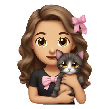 olive-toned brunette with long wavy brown hair and brown eyes, wearing a light pink hair bow. She is holding a black kitten that also has a matching pink bow sticker