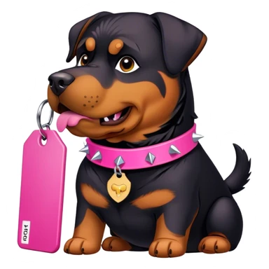 Rottweiler with pink spiked collar and tag that says TONKA sticker