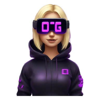Russian cute blond girl wearing black hoody with violet letters "OMG", in vr headset. Cyberpunk style. Violet neon. sticker