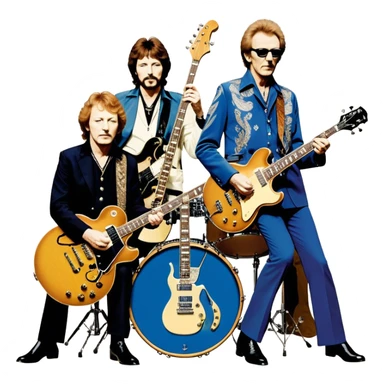 Icon for Blues Rock: collage of the band Cream, with silhouettes of the members (Eric Clapton, Jack Bruce, Ginger Baker) and symbolic items like guitars, drums, and bass. The design should convey the powerful, energetic vibe of the band's music. Transparent background. sticker