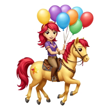 sunset shimmer mlp holding colorful balloons tied to its saddle, looking cheerful. sticker