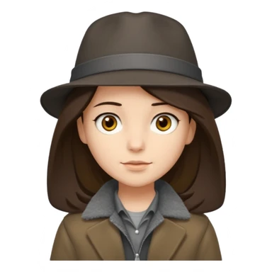 Hobo tomboy with shoulder-length center-parted dark brown hair. brown eyes, dark dull brown coat, grey shirt. Flat crown bolero hat sticker