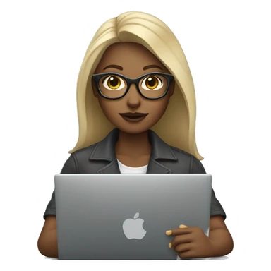 A dark blond woman with thick glasses usng a laptop with her grey cat sticker