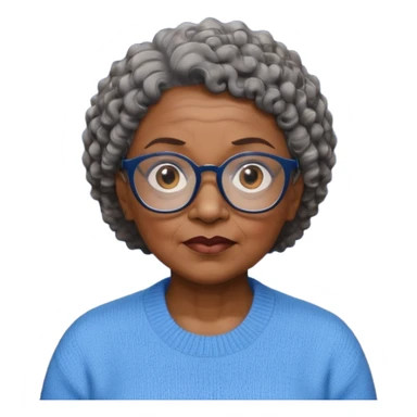 Old black woman, solemn, wearing glasses and blue sweater, short curly hair sticker