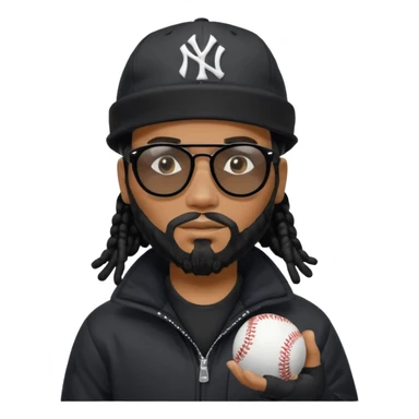 African American Man with shoulder length black dreadlocks with black beard wearing black sunglasses wearing a black bubble winter coat and a New York Yankees logo baseball cap checking the time sticker