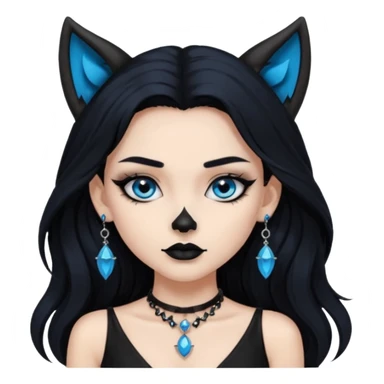 A girl with long black hair and blue eyes, black eyeshadow, black eye liner, mascara, and black lipstick, and black skull earrings. Also a black sexy dress and wolf ears  and a black pendent   sticker