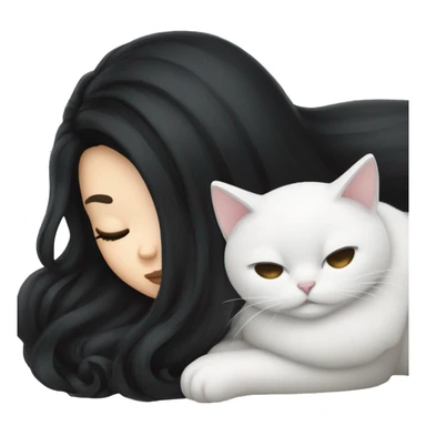 A pretty white girl with very long black hair and sleeping curled up to a white cat  sticker