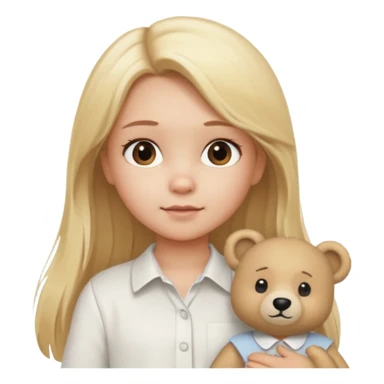 Blonde little girl, long hair, white shirt with beige bear sticker