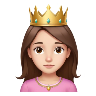 girl with straight brown long hair, brown eyes, pink top, gold crown, subtle birthmark left of nose, festive birthday look sticker