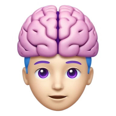 Modern 3D AI emoji, digital brain with subtle tech icons, neutral intelligent expression, blue and purple colors, clean educational style, soft lighting, transparent background. sticker