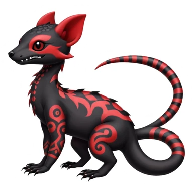 Rare warm-colored exotic gloomy tropical edgy cute epic aesthetic spooky black red gothic colorful Salandit-Noibat-Civet-species-Fakemon-hybrid-creature, with tribal tattoo markings, full body sticker