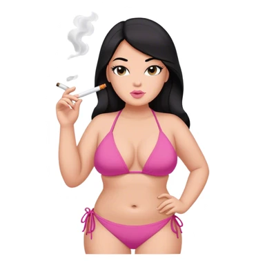 caucasian curvy girl smoking in pink bikini, long straight black hair, sfw pose sticker