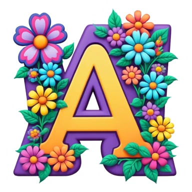 3D, gothic style psychedelic colored Letter A with hippie style flower border sticker
