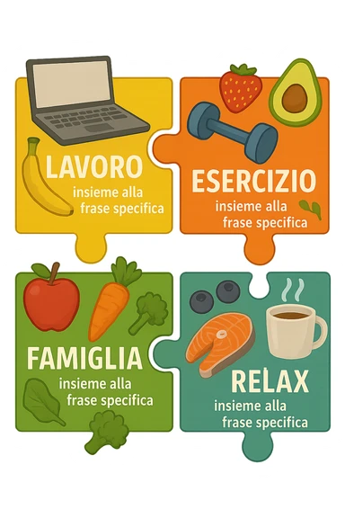 Puzzle (Lavoro, Esercizio, Famiglia, Relax), and healthy foods are integrated into each piece. in italiano sticker