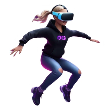 Russian girl wearing black hoody with violet letters "OMG", in vr headset oculus quest2. jumping. Cyberpunk style. Violet neon. sticker