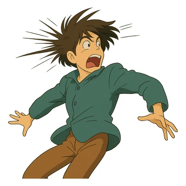 ghibli style illustration of a character reacting to sudden whiplash with dramatic motion sticker