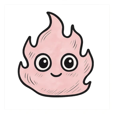 pretty whimsical pink fire with soft wavy outline, big eyes, gentle glowing look, hand-drawn style with stylized shadows and highlights sticker