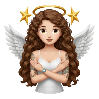 fake angel pose — long wavy brown hair tattooed woman and short tight curly brown hair woman — halo sparkle sticker