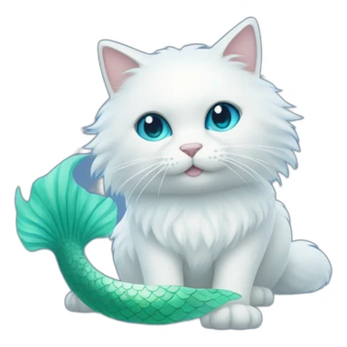 White fluffy cat with blue and green mermaid tail sticker
