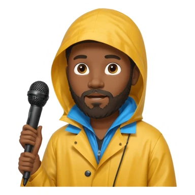 bearded black man with rain coat and microphone sticker