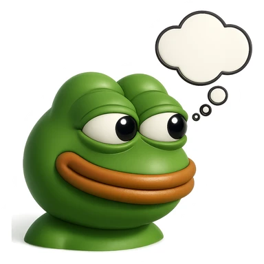 make a pepe in bright green smiling with thought bubble looking at right side in 3d style, good highlights and shadows, drop shadows sticker