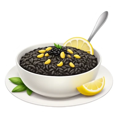 black risotto in a white bowl with a slice of lemon sticker