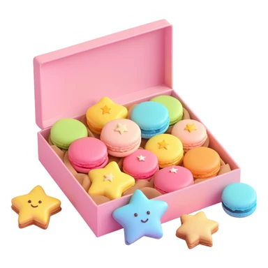 a box of macarons with star-shaped cookies, playful, shiny, pastel palette, cute and whimsical, iOS 3D emoji style sticker