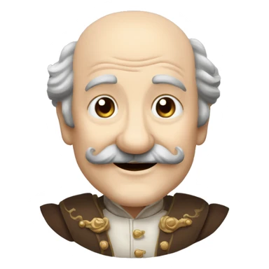 Short pudgy old man over enthusiastic happy excited face bald forehead long wavy gray and brown brunette long wavy hair moustache Shakespearean dress vintage clothes hamlet small arms sticker