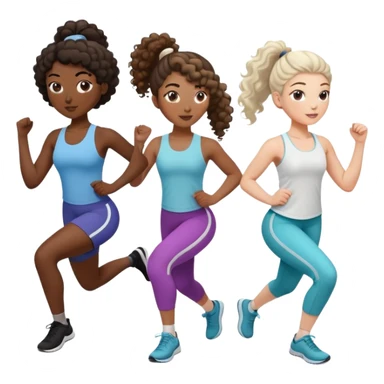 three women friends exercising together, one black woman with curly brown hair, one pale white woman with curly brown hair, and one pale white woman with straight brown hair in a ponytail sticker