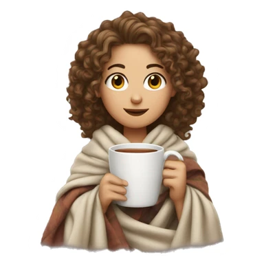a White girl with curly hair wrapped in a blanket with a cup of tea sticker