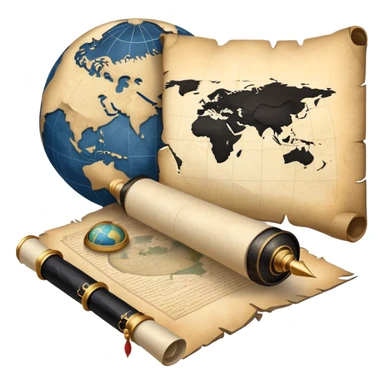 An icon featuring an ancient scroll, a quill pen, and a globe, symbolizing the study of history. The design includes a timeline with significant historical events, with ruins in the background to evoke past civilizations. Transparent background emphasizes the exploration of human history sticker