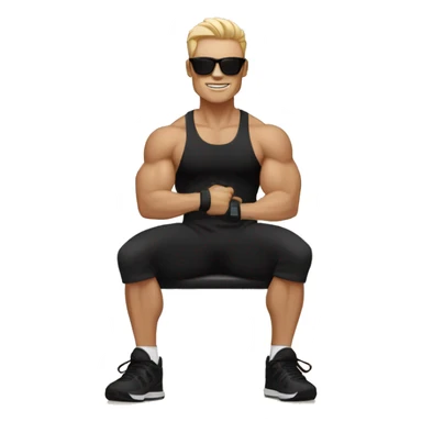 A man sit in the gym and wear black lower black shoes black t shirt black sunglasses and hold gym dumbles and skin colour is white  sticker