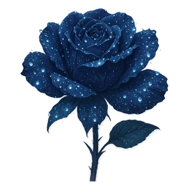 Add glowing dewdrops on the petals of the midnight rose in dark indigo, shimmering with silver flecks and a mysterious, elegant aura. Keep the background transparent. The style should reflect a delicate and ethereal look with emphasis on the glowing effect and silver accents. sticker