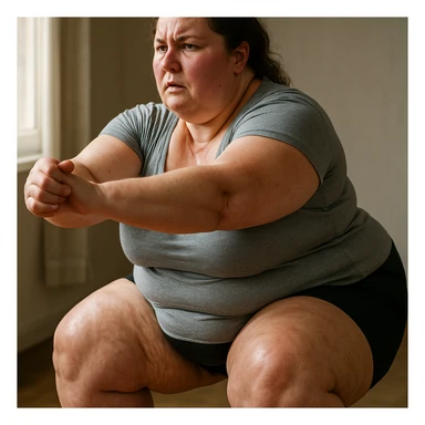 overweight woman doing squats, stubborn fat on legs and thighs, hyper realistic 4K style, skin details, effort atmosphere, natural light sticker