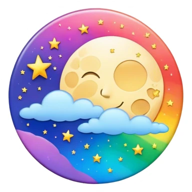 A round psychedelic colored button with rainbow colored moon and stars in the center sticker