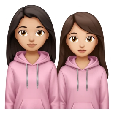 A pretty girl with light skin and long straight black brown hair, wearing a very light pink basic hoodie with brown eyes and makeup and a round face with another girl who is taller with an oval face, tan skin and very wavy brown hair, and a light pink basic shirt sticker