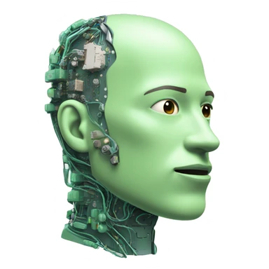 Pastel green bald male cyborg head with goatee and circuitry sticker