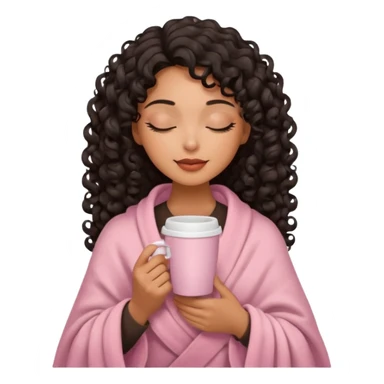 hispanic woman, deep tan skin, black long 3b curls, closed eyes, feminine face, holding soft pink coffee cup with beige blanket over shoulders sticker