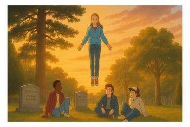 Max from Stranger Things levitating in the cemetery at sunset, warm golden light, with Lucas, Steve, and Dustin watching with concern. Ghibli style, wide aspect ratio (16:9), soft and emotional scene. Make Lucas, Steve, and Dustin visually recognizable with their signature hairstyles and outfits. sticker