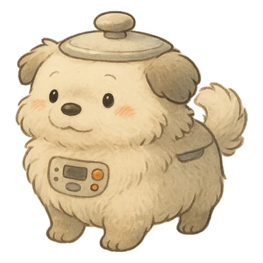 chibi soft fluffy dog inspired by a rice cooker with appliance features blended into its body full-body sticker