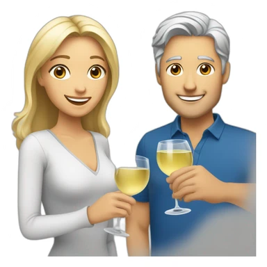 A woman with brown eyes and blond hair and a man with blue eyes and grey hair, they toast to each other with a glass of white wine. sticker