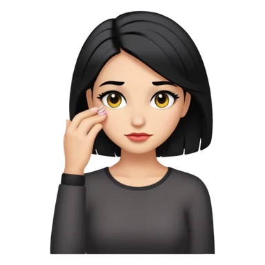 confident smirk face looking down with makeup, black hair, hand in hair, extra emoji-like sticker